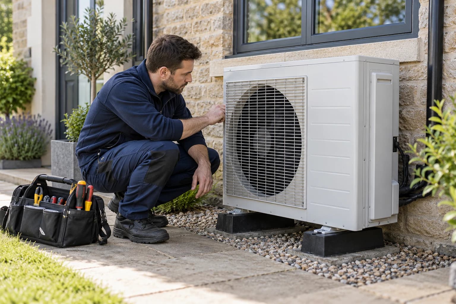 Illustrative engineer inspecting an air conditioning condenser